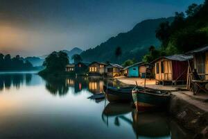 boats are docked on the shore of a river. AI-Generated photo