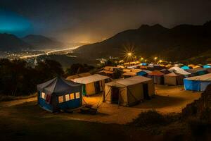 tents are set up on a hillside at night. AI-Generated photo