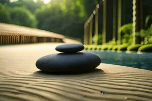 two stones sitting on a wooden walkway. AI-Generated photo