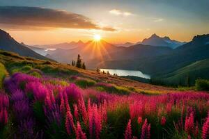 the sun rises over the mountains and flowers in the foreground. AI-Generated photo