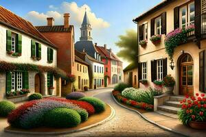 a painting of a street in a european town. AI-Generated photo