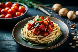 spaghetti with tomatoes and basil on a dark table. AI-Generated photo