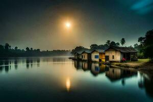 a boat is docked in the middle of a lake at night. AI-Generated photo