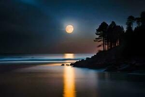 un lleno Luna sube terminado el Oceano y arboles generado por ai foto