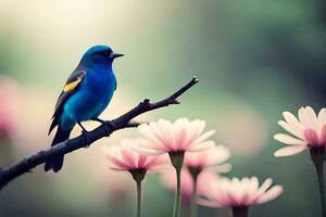 un azul pájaro es encaramado en un rama con rosado flores generado por ai foto
