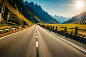 un autopista con montañas en el antecedentes. generado por ai foto