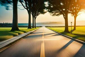 a long road with trees and grass in the background. AI-Generated photo