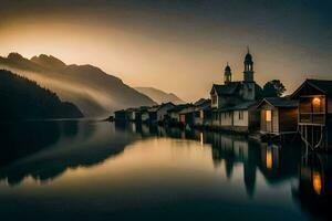 un lago con casas y montañas a puesta de sol. generado por ai foto