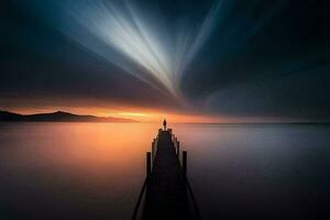 un hombre soportes en un muelle a puesta de sol con un brillante ligero viniendo desde el cielo. generado por ai foto