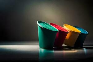 three colorful plastic cups are lined up on a table. AI-Generated photo