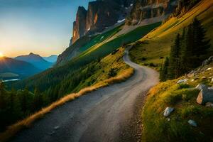 the sun rises over a mountain road in the dolomites. AI-Generated photo