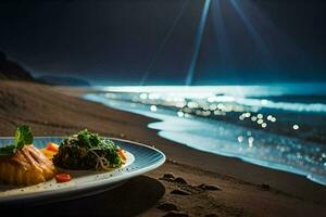 un plato de comida en el playa a noche. generado por ai foto