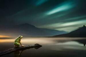 a frog sits on a log in front of a lake at night. AI-Generated photo