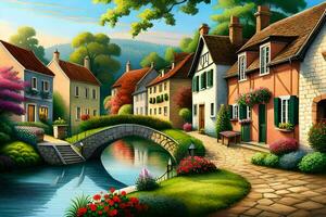 a painting of a small town with a bridge and houses. AI-Generated photo