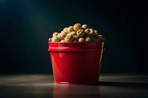 a red bucket filled with peanuts on a dark background. AI-Generated photo