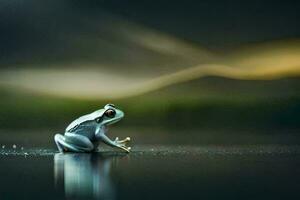 a frog sitting on the water with a dark background. AI-Generated photo