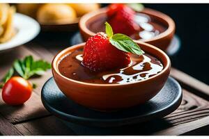 chocolate pudding with strawberries and mint leaves. AI-Generated photo
