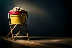 a bucket of coins on a wooden stool. AI-Generated photo