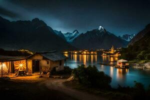 photo wallpaper night, the mountains, the lake, the hut, the hut, the hut,. AI-Generated