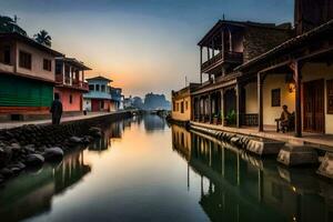 a canal in front of a row of houses at sunset. AI-Generated photo