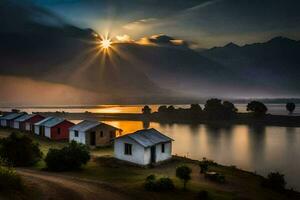 foto fondo de pantalla el cielo, montañas, amanecer, el sol, el montañas, el lago, el. generado por ai