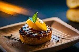 a dessert on a wooden plate with a slice of peach. AI-Generated photo