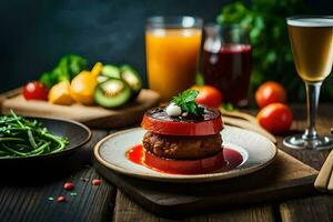 a plate of food with vegetables and a glass of juice. AI-Generated photo