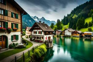 a lake and a mountain village in the alps. AI-Generated photo