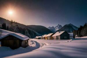 snow covered houses in the mountains at sunset. AI-Generated photo