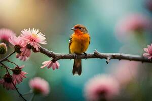 a bird sits on a branch with pink flowers. AI-Generated photo