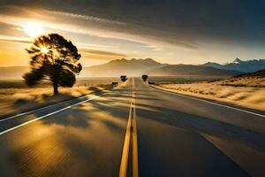 un largo la carretera con un árbol en el primer plano. generado por ai foto