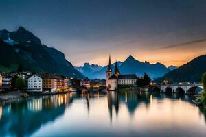 the sun sets over a river and mountains in switzerland. AI-Generated photo