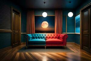 un habitación con azul paredes y un rojo sofá. generado por ai foto