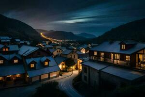 a village at night with lights on the roofs. AI-Generated photo