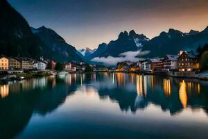 el montañas son reflejado en el agua a puesta de sol. generado por ai foto