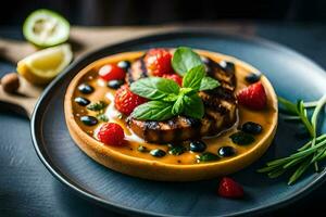 A la parrilla salmón tartar en un plato con bayas y menta. generado por ai foto