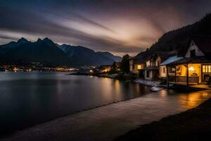 foto fondo de pantalla el cielo, montañas, lago, casa, el noche, el lago, el montañas. generado por ai