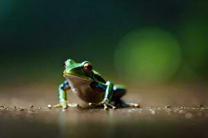 a frog sitting on the ground with a blurry background. AI-Generated photo