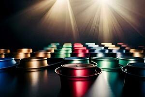 many colorful metal cans are arranged in a row. AI-Generated photo