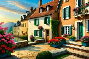 a painting of a street with flowers and houses. AI-Generated photo