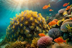 the sun shines over a coral reef with fish and corals. AI-Generated photo
