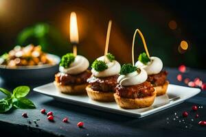 small appetizers with meat and cheese on a plate. AI-Generated photo