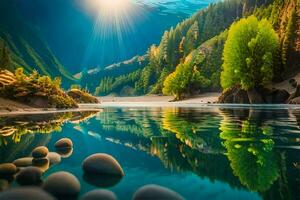 photo wallpaper the sky, mountains, trees, rocks, water, mountains, river, mountains,. AI-Generated