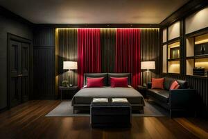 un dormitorio con negro paredes y rojo cortinas generado por ai foto