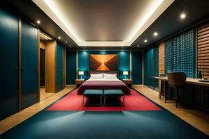 un dormitorio con azul paredes y rojo alfombra. generado por ai foto