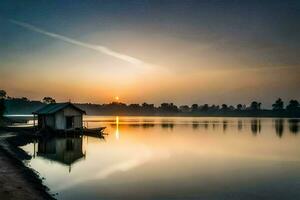 the sun rises over a lake and a small house. AI-Generated photo