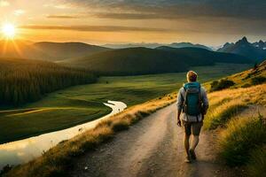 a man walks on a path in the mountains. AI-Generated photo