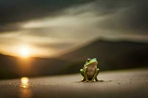 un rana se sienta en el suelo en frente de un puesta de sol. generado por ai foto