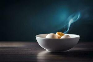 a bowl of eggs with smoke coming out of it. AI-Generated photo