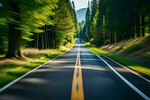 un borroso imagen de un la carretera en el bosque. generado por ai foto